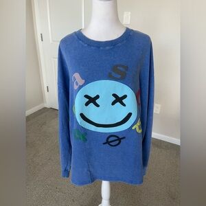 NWT Easel Blue Happy Face Sweatshirt Size Medium (Fits up to a 1X)